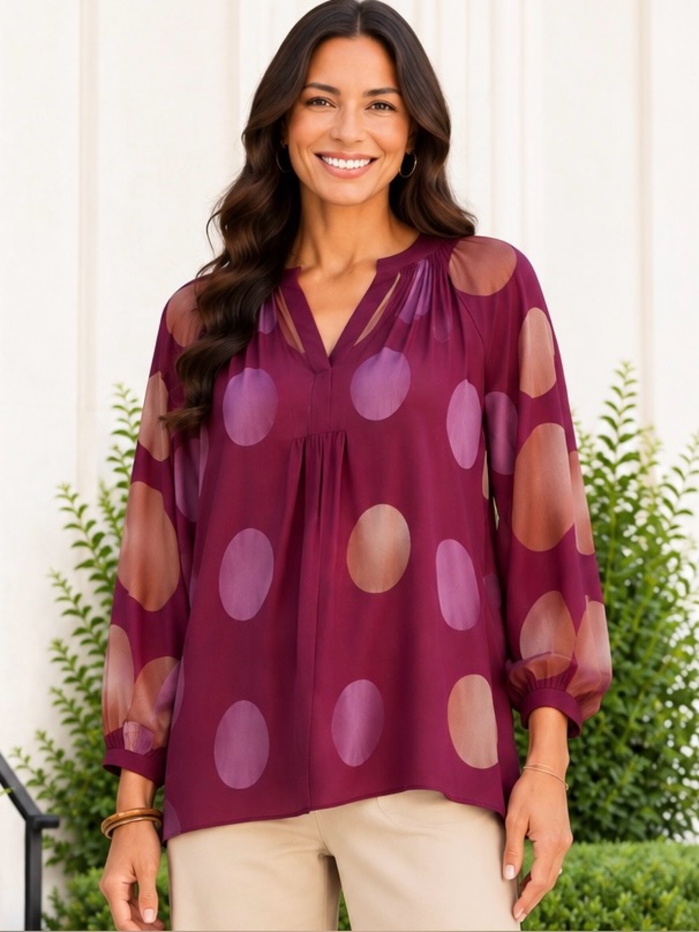 Umgee Bordeaux Dot Balloon Sleeve Blouse
